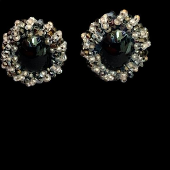Hand  beaded silver natural hematite earrings with black crystal beaded border - Picture 8 of 9